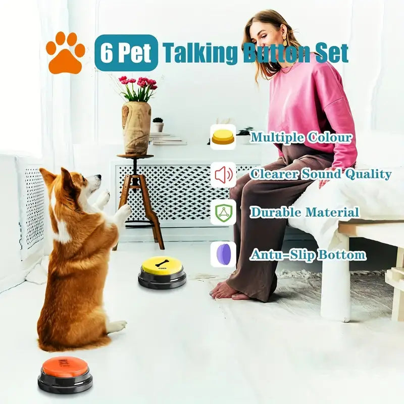 6 Recordable Pet Communication Buttons for Dogs and Cats - Interactive Voice Recording Device for Enhanced Pet Interaction, Battery-Free Design