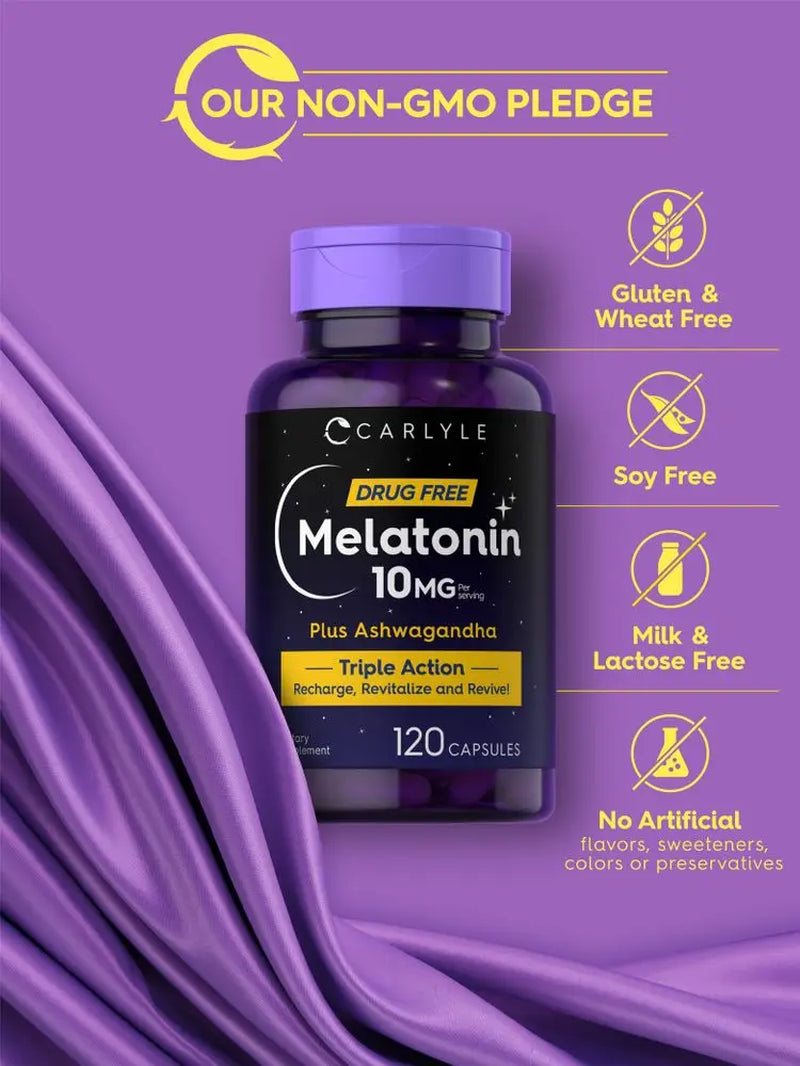 Carlyle Triple Strength Melatonin 10mg with Ashwagandha - 120 Non-GMO Gluten-Free Capsules