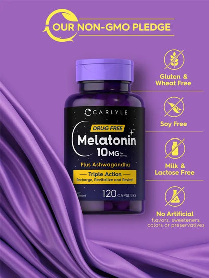 Carlyle Triple Strength Melatonin 10mg with Ashwagandha - 120 Non-GMO Gluten-Free Capsules