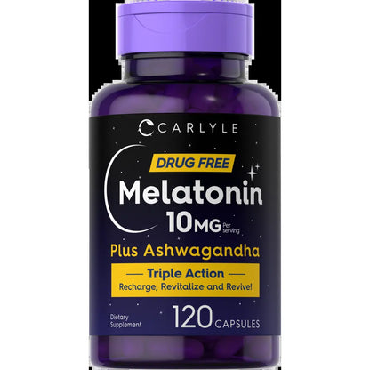 Carlyle Triple Strength Melatonin 10mg with Ashwagandha - 120 Non-GMO Gluten-Free Capsules