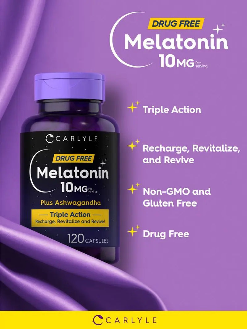 Carlyle Triple Strength Melatonin 10mg with Ashwagandha - 120 Non-GMO Gluten-Free Capsules
