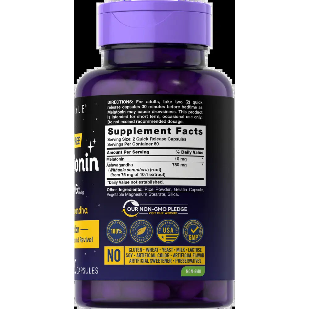 Carlyle Triple Strength Melatonin 10mg with Ashwagandha - 120 Non-GMO Gluten-Free Capsules
