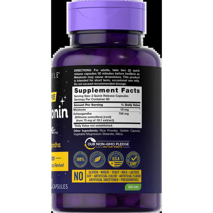 Carlyle Triple Strength Melatonin 10mg with Ashwagandha - 120 Non-GMO Gluten-Free Capsules