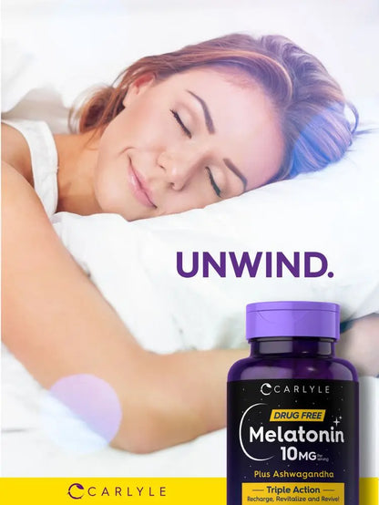 Carlyle Triple Strength Melatonin 10mg with Ashwagandha - 120 Non-GMO Gluten-Free Capsules