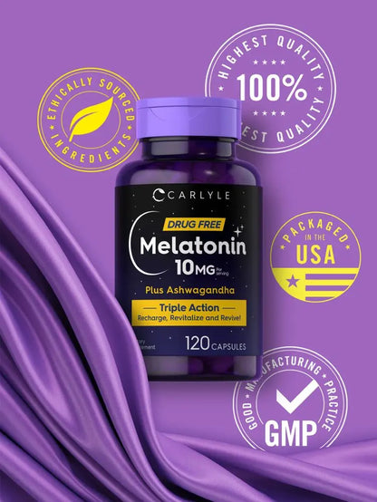 Carlyle Triple Strength Melatonin 10mg with Ashwagandha - 120 Non-GMO Gluten-Free Capsules